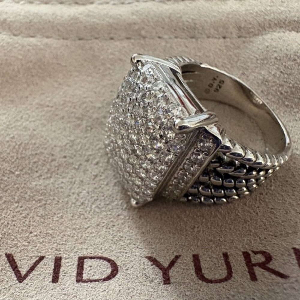 David Yurman Silver Pavé Diamond-Style Statement Ring - Silver sz7